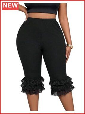 Plus Size High Rise Capri Leggings Lace Ruffle Tiered Slim Fit